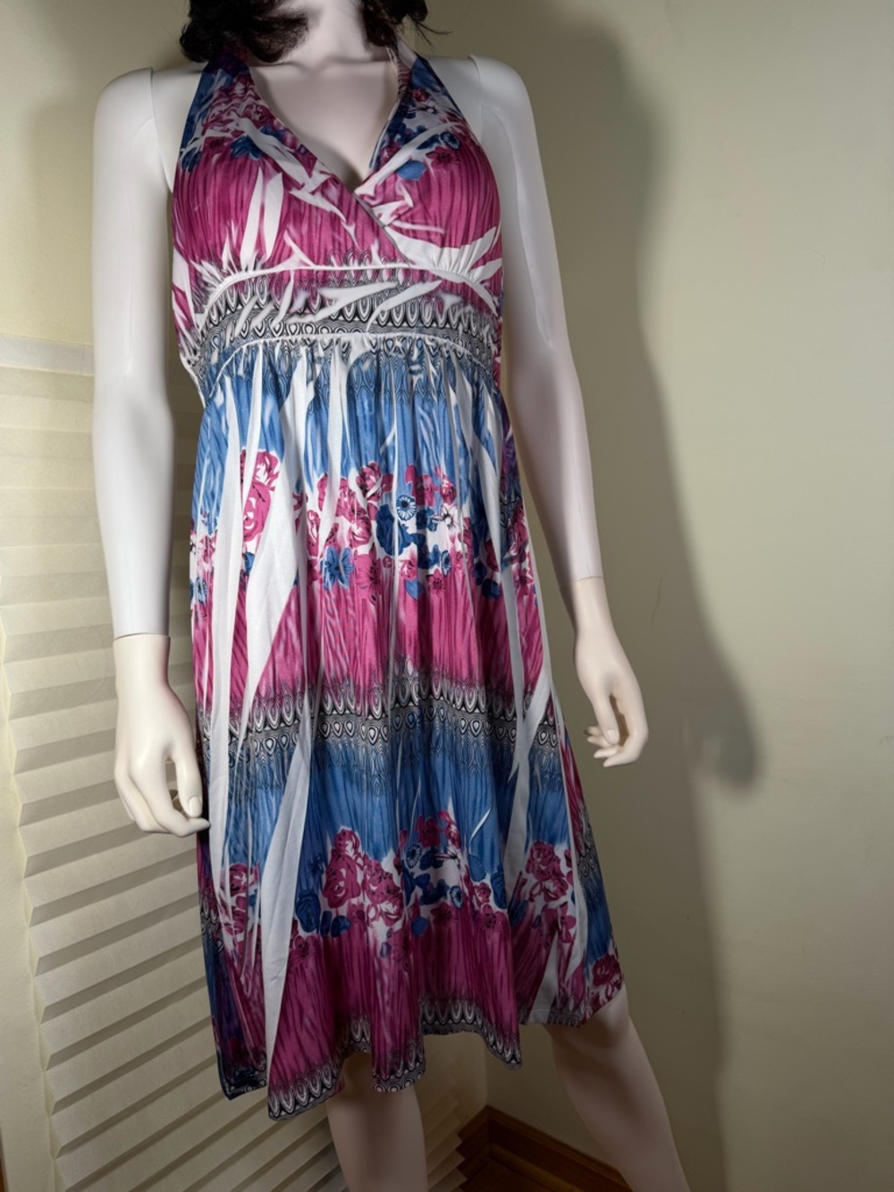 Queen Culture Sleeveless Halter Floral Summer Dress in Pink & Blue